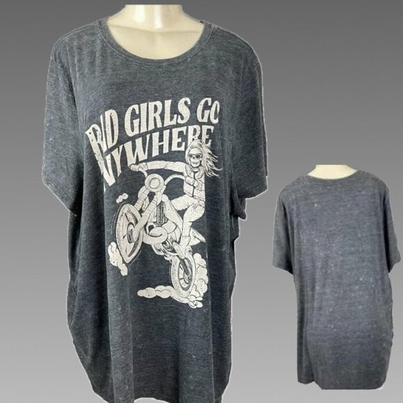Torrid +6 Black Aged Crew Neck Bad Girls Skeleton Biker Graphic Short Sleeve Tee - Picture 1 of 6